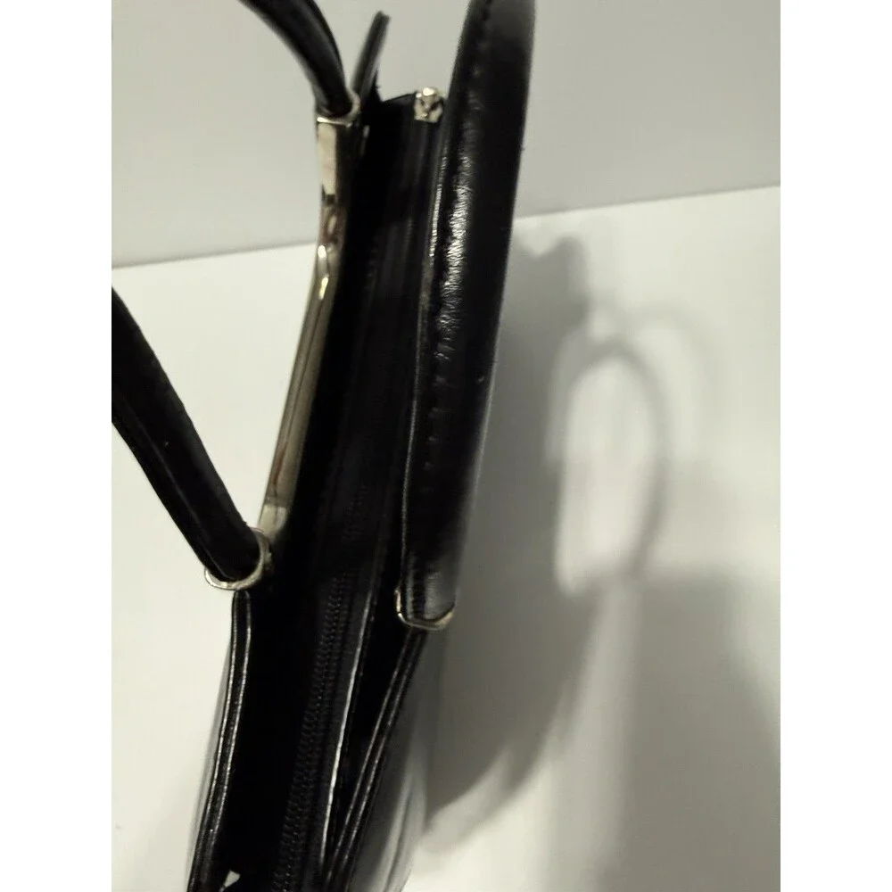Black Faux Leather Metal Handle Handbag Purse With Removable Insert Vintage